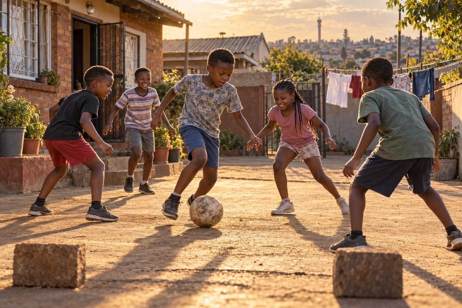 Children playing football together on open ground in Soweto.