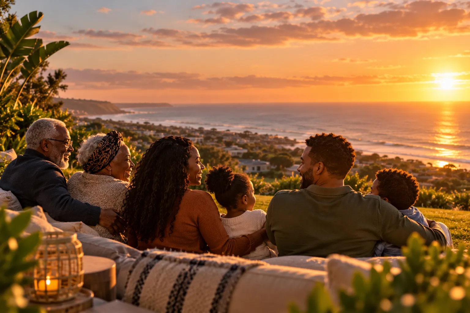 Three generations of a family on a terrace at sunset, looking out over the coast together.